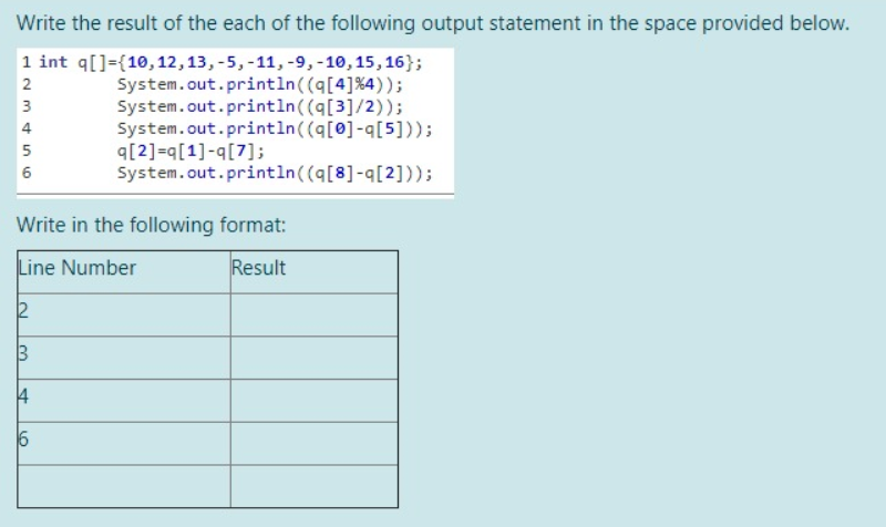 Write the result of the each of the following output statement in the space provided below.
1 int q[]=(10,12,13, -5, -11, -9, -10,15, 16};
System.out.println((q[4]%4));
System.out.println((q[3]/2));
System.out.println((q[0]-q[5]));
q[2]=q[1]-q[7];
System.out.println((q[8]-q[2]));
2
3
4
5
6
Write in the following format:
Line Number
Result
2
3.

