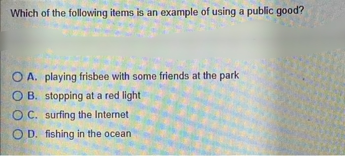 Which of the following items is an example of using a public good?
O A. playing frisbee with some friends at the park
O B. stopping at a red light
O C. surfing the Internet
O D. fishing in the ocean
