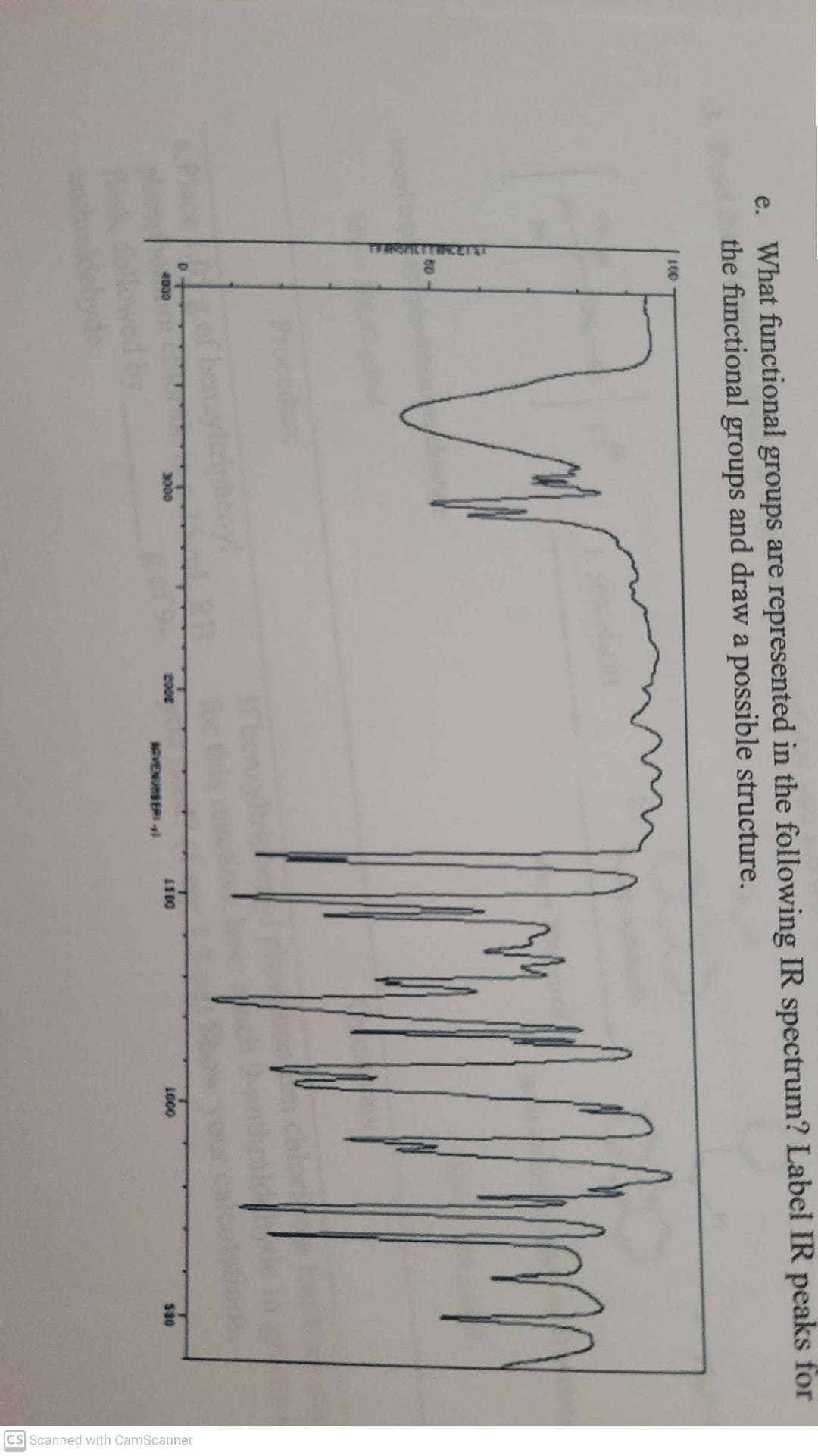 cs Scanned with CamScanner
e. What functional groups are represented in the following IR spectrum? Label IR peaks for
the functional groups and draw a possible structure.
100
Procedi
4030
3000
200t
NVENUnSER 4
LO00
580
