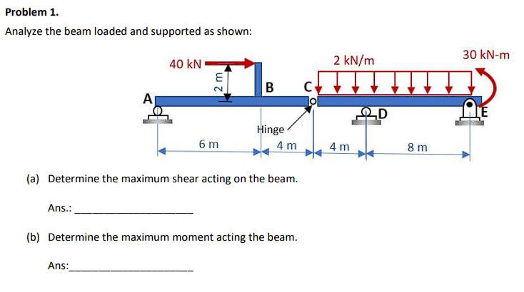 Problem 1.
Analyze the beam loaded and supported as shown:
Ans.:
A
40 kN
Ans:
2 m
6m
B
Hinge
(a) Determine the maximum shear acting on the beam.
4 m
(b) Determine the maximum moment acting the beam.
C
2 kN/m
4 m
D
8m
30 kN-m