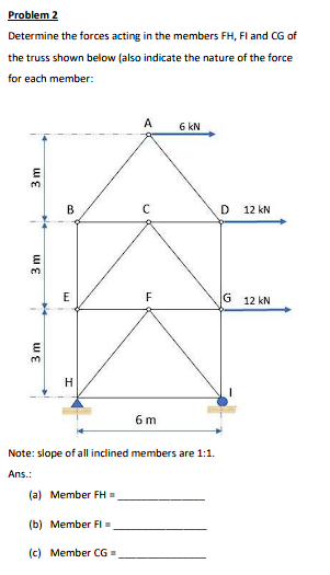 Problem 2
Determine the forces acting in the members FH, FI and CG of
the truss shown below (also indicate the nature of the force
for each member:
3 m
3 m
3 m
B
E
H
A 6 kN
(a) Member FH =
(b) Member Fl=
(c) Member CG=
C
F
6 m
Note: slope of all inclined members are 1:1.
Ans.:
D
12 kN
G 12 kN