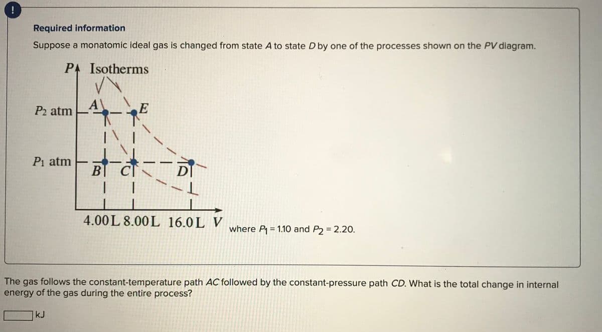 Required information
Suppose a monatomic ideal gas is changed from state A to state D by one of the processes shown on the PV diagram.
PA Isotherms
P2 atm
A\
E
Pi atm
BJ C]
D
4.00L 8.00L 16.0L V
where P = 1.10 and P2 = 2.20.
The gas follows the constant-temperature path AC followed by the constant-pressure path CD. What is the total change in internal
energy of the gas during the entire process?
kJ
