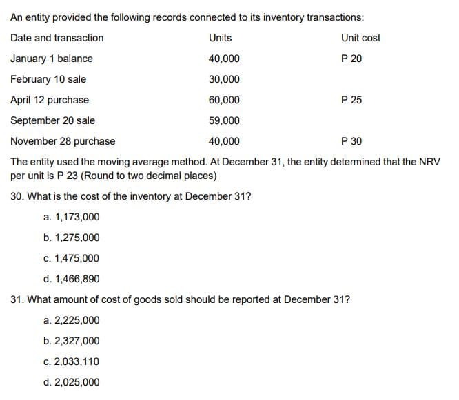 An entity provided the following records connected to its inventory transactions:
Date and transaction
Units
Unit cost
January 1 balance
40,000
P 20
February 10 sale
30,000
April 12 purchase
60,000
P 25
September 20 sale
59,000
November 28 purchase
40,000
P 30
The entity used the moving average method. At December 31, the entity determined that the NRV
per unit is P 23 (Round to two decimal places)
30. What is the cost of the inventory at December 31?
a. 1,173,000
b. 1,275,000
c. 1,475,000
d. 1,466,890
31. What amount of cost of goods sold should be reported at December 31?
a. 2,225,000
b. 2,327,000
c. 2,033,110
d. 2,025,000
