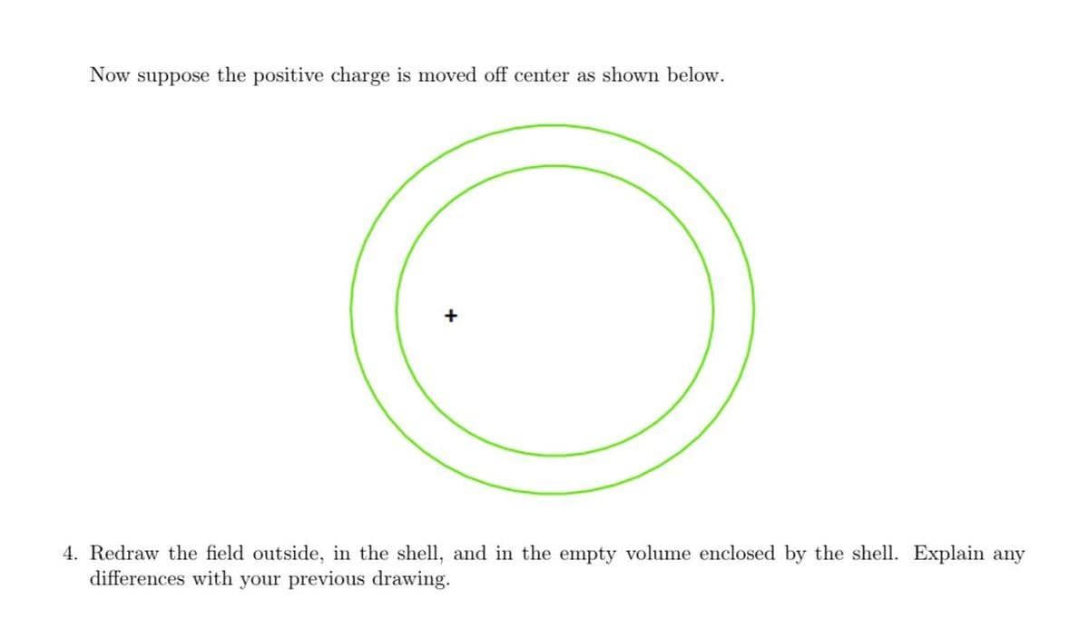 Now suppose the positive charge is moved off center as shown below.
+
4. Redraw the field outside, in the shell, and in the empty volume enclosed by the shell. Explain any
differences with your previous drawing.