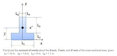 La
Find ý and the moment of inertia about the X-axis, Y-axis, and X'-axis of the cross-sectional area, given:
L1 = 12 in, L2 = 1.6 in, La = 9 in, L4 = 1.1 in.
