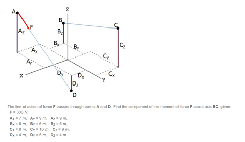 A
B.
F
Az
B.
Bx
D
The line of action of force F passes through points A and D. Find the component of the moment of force F about axis BC, given:
F= 300 N,
Ax = 7 m, Ay = 9 m, Az =9 m,
Bx = 6 m, By = 6 m, Bz = 6 m,
Cx =8 m, Cy = 10 m, Cz=9 m.
Dx= 4 m, Dy = 5 m, Dz= 4 m
