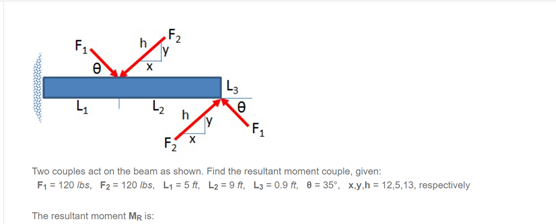 F2
F1.
L3
L2
h
Two couples act on the beam as shown. Find the resultant moment couple, given:
F1 = 120 lbs, F2 = 120 lbs, L1 = 5 ft, L2 = 9 ft, L3 = 0.9 ft, 8 = 35°, x.y.h = 12,5,13, respectively
The resultant moment MR is:
