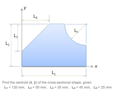 L4
Ls
L3
L2
Find the centroid (8, ỹ) of the cross-sectional shape, given:
L1 = 120 mm, L2 = 50 mm, L3 = 35 mm, L4 = 40 mm, Ls = 25 mm

