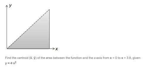 Find the centroid (X, ỹ) of the area between the function and the x-axis from x = 0 to x = 3.8, given:
I
y = 4-x?
