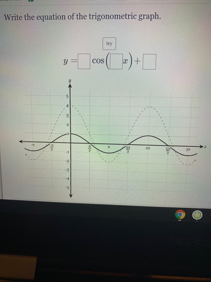 Write the equation of the trigonometric graph.
try
y= cos ()+D
COS
3
37
-3
-5
