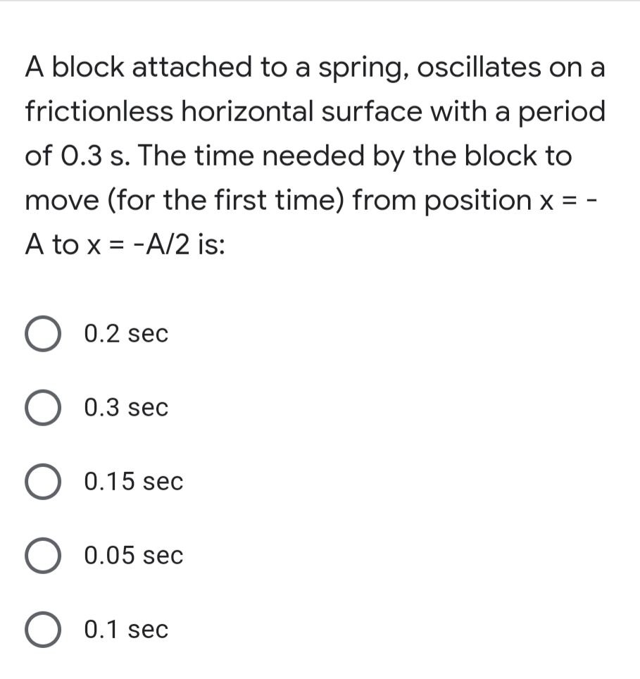 A block attached to a spring, oscillates on a
frictionless horizontal surface with a period
of 0.3 s. The time needed by the block to
move (for the first time) from position x =
A to x = -A/2 is:
0.2 sec
0.3 sec
0.15 sec
0.05 sec
0.1 sec
