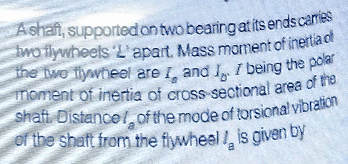 shaft. Distance /,of the mode of torsional vibration
moment of inertia of cross-sectional area of the
two flywheels L' apart. Mass moment of inertia of
Ashaft, supported on two bearing at its ends caries
the two flywheel are I, and I, I being the poler
moment of inertia of cross-sectional area o e
of the shaft from the flywheel /, is given by
