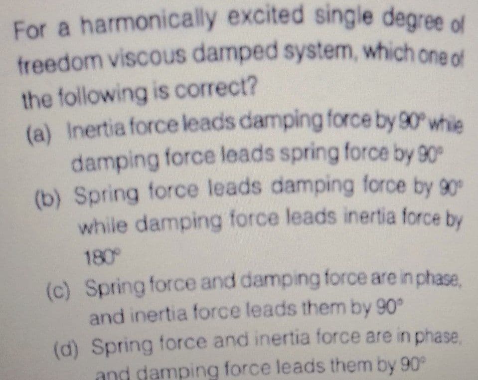 For a harmonically excited single degree of
freedom viscous damped system, which one of
the following is correct?
(a) Inertia force leads damping force by 90 whie
damping force leads spring force by 90
(b) Spring force leads damping force by 90
while damping force leads inertia force by
180
(c) Spring force and damping force are in phase,
and inertia force leads them by 90°
(d) Spring force and inertia force are in phase
and damping force leads them by 90
