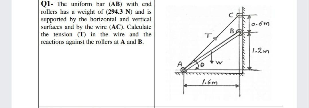 Q1- The uniform bar (AB) with end
rollers has a weight of (294.3 N) and is
supported by the horizontal and vertical
surfaces and by the wire (AC). Calculate
the tension (T) in the wire and the
reactions against the rollers at A and B.
0.6m
B.
T
1.2m
1.6m
