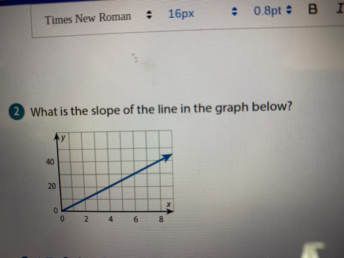 Times New Roman
16рх
0.8pt B
2 What is the slope of the line in the graph below?
40
20
0 2 4 6
