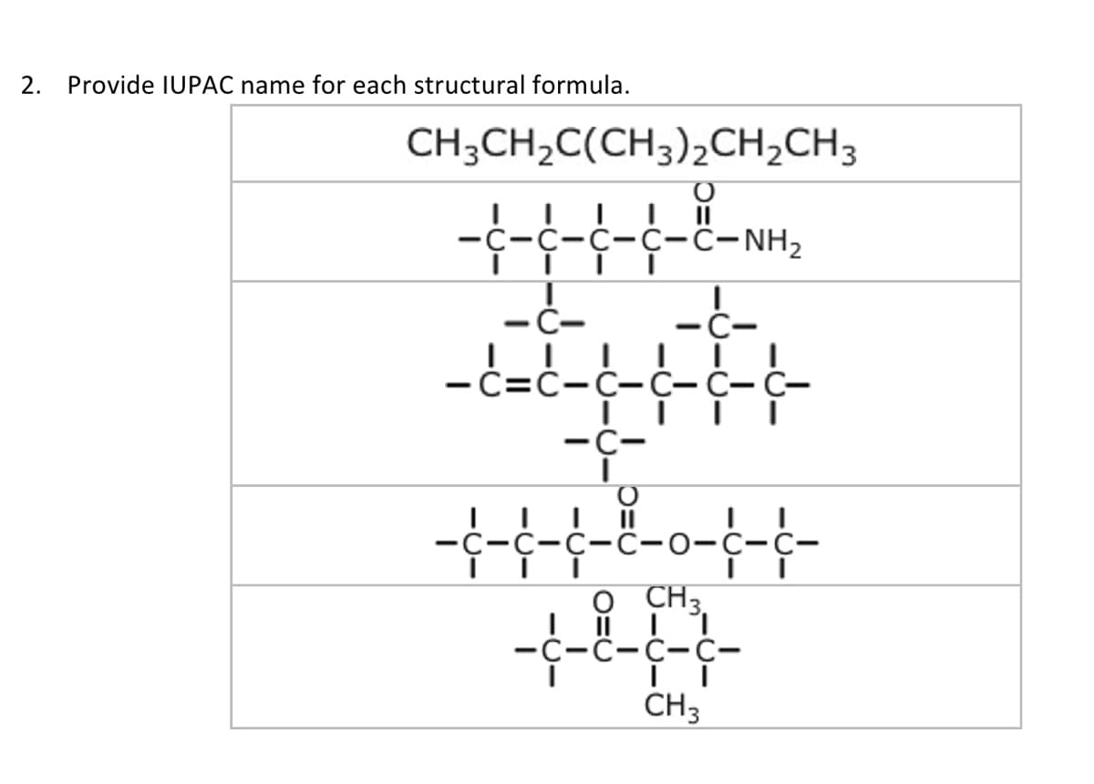 2. Provide IUPAC name for each structural formula.
CH3CH₂C(CH3)2CH₂CH3
I
O
C-C-C-C-C-NH₂
-C-
C-
-C=C-C-C-C-C-
-C-
C-C-C-C-0-C-C-
O CH3
||||1
-C-C-C-C-
CH 3