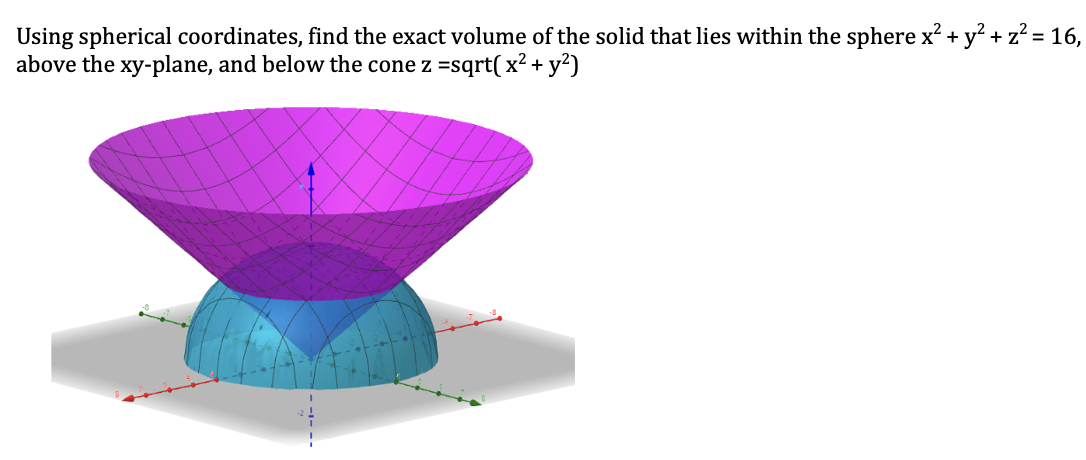 Using spherical coordinates, find the exact volume of the solid that lies within the sphere x? + y + z² = 16,
above the xy-plane, and below the cone z =sqrt(x² + y?)
