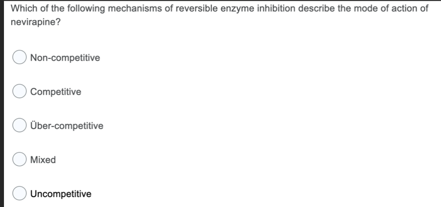 Which of the following mechanisms of reversible enzyme inhibition describe the mode of action of
nevirapine?
Non-competitive
Competitive
Über-competitive
Mixed
Uncompetitive