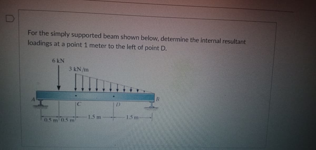 For the simply supported beam shown below, determine the internal resultant
loadings at a point 1 meter to the left of point D.
6 KN
3 KN/m
C
1.5 m
15m
0.5 m 0.5 m
