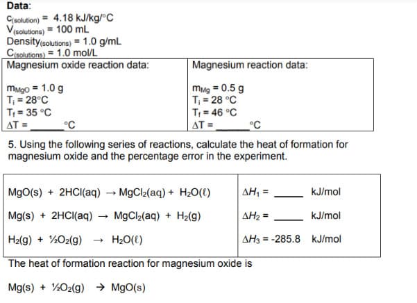 Data:
C(solution) 4.18 kJ/kg/°C
V (solutions) = 100 mL
Density (solutions) = 1.0 g/mL
C(solutions) = 1.0 mol/L
Magnesium oxide reaction data:
mMgo = 1.0 g
T₁ = 28°C
T₁ = 35 °C
AT =
Magnesium reaction data:
mMg = 0.5 g
T₁ = 28 °C
T₁ = 46 °C
AT =
°C
°C
5. Using the following series of reactions, calculate the heat of formation for
magnesium oxide and the percentage error in the experiment.
→
MgO(s) + 2HCl(aq) → MgCl₂(aq) + H₂O(l)
Mg(s) + 2HCl(aq)
MgCl₂(aq) + H₂(g)
H₂(g) + 1/2O2(g)
H₂O(l)
The heat of formation reaction for magnesium oxide is
Mg(s) + 1/2O₂(g) → MgO(s)
ΔΗ, =
ΔΗ2 =
kJ/mol
AH3-285.8 kJ/mol
kJ/mol