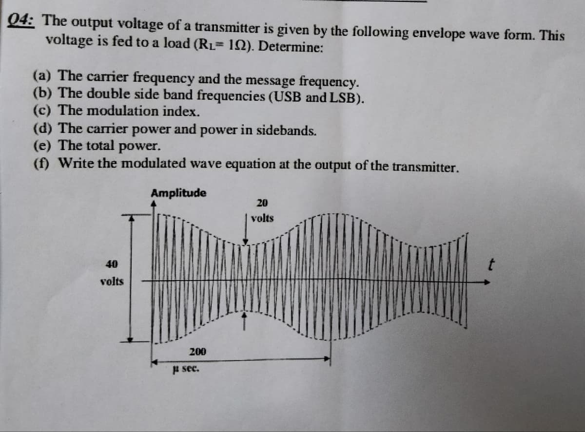 04: The output voltage of a transmitter is given by the following envelope wave form. This
voltage is fed to a load (RL= 102). Determine:
(a) The carrier frequency and the message frequency.
(b) The double side band frequencies (USB and LSB).
(c) The modulation index.
(d) The carrier power and power in sidebands.
(e) The total power.
(f) Write the modulated wave equation at the output of the transmitter.
40
volts
Amplitude
200
# sec.
20
volts