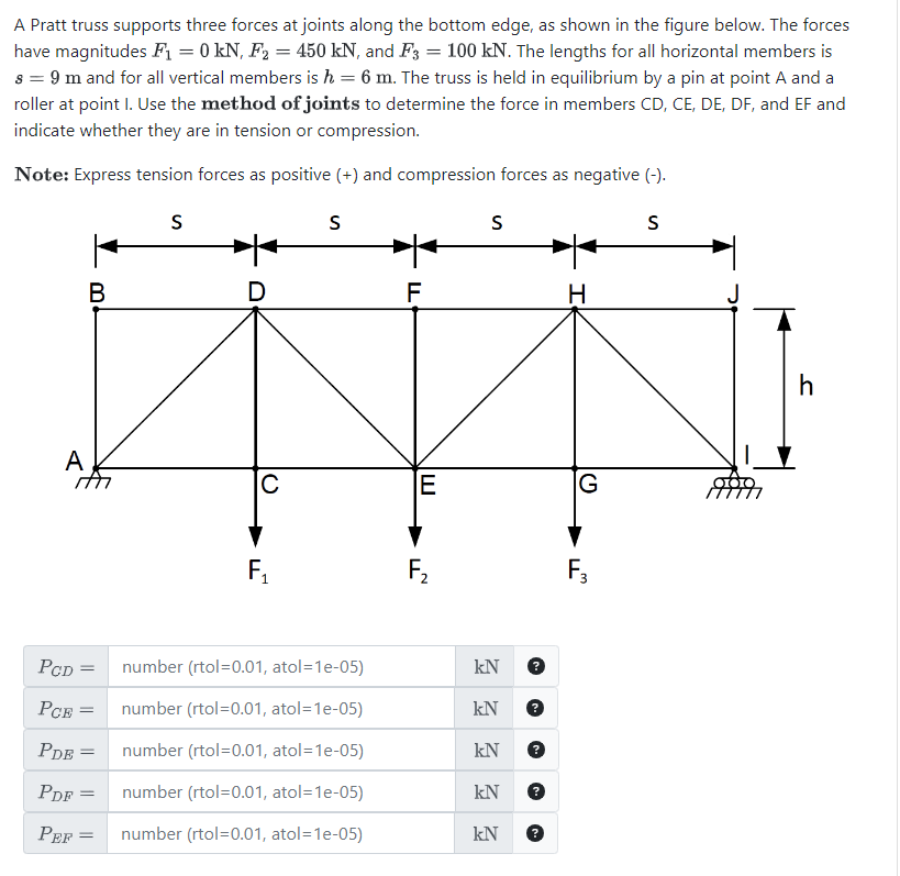 A Pratt truss supports three forces at joints along the bottom edge, as shown in the figure below. The forces
have magnitudes F₁ = 0 kN, F₂ = 450 kN, and F3 = 100 kN. The lengths for all horizontal members is
s = 9 m and for all vertical members is h = 6 m. The truss is held in equilibrium by a pin at point A and a
roller at point I. Use the method of joints to determine the force in members CD, CE, DE, DF, and EF and
indicate whether they are in tension or compression.
Note: Express tension forces as positive (+) and compression forces as negative (-).
B
S
D
S
F
S
A
C
E
G
F₁
F₂
F3
1
PCD = number (rtol=0.01, atol=1e-05)
kN
РСЕ
=
number (rtol=0.01, atol=1e-05)
kN
PDE =
number (rtol=0.01, atol=1e-05)
kN
PDF =
number (rtol=0.01, atol=1e-05)
kN
PEF=
number (rtol=0.01, atol=1e-05)
kN
S
h