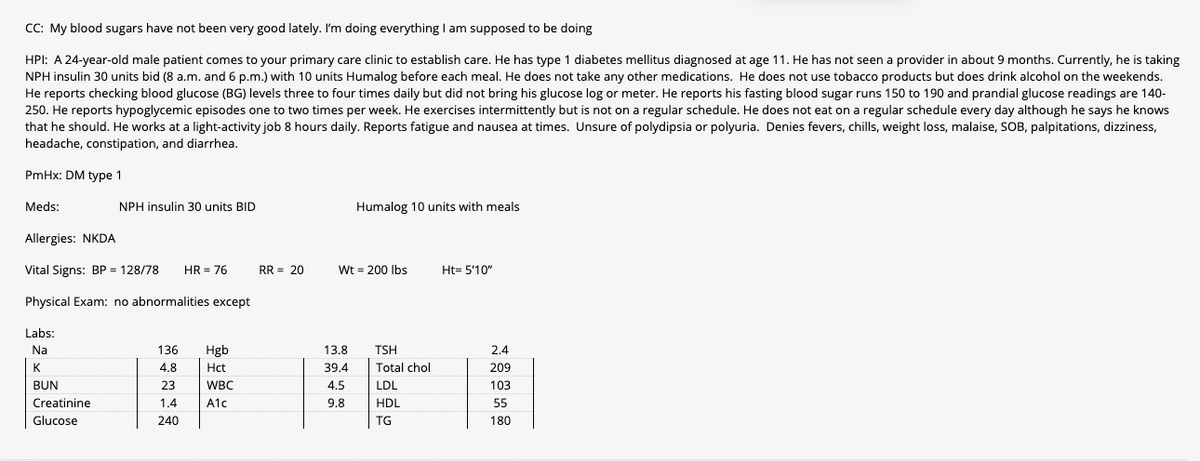 CC: My blood sugars have not been very good lately. I'm doing everything I am supposed to be doing
HPI: A 24-year-old male patient comes to your primary care clinic to establish care. He has type 1 diabetes mellitus diagnosed at age 11. He has not seen a provider in about 9 months. Currently, he is taking
NPH insulin 30 units bid (8 a.m. and 6 p.m.) with 10 units Humalog before each meal. He does not take any other medications. He does not use tobacco products but does drink alcohol on the weekends.
He reports checking blood glucose (BG) levels three to four times daily but did not bring his glucose log or meter. He reports his fasting blood sugar runs 150 to 190 and prandial glucose readings are 140-
250. He reports hypoglycemic episodes one to two times per week. He exercises intermittently but is not on a regular schedule. He does not eat on a regular schedule every day although he says he knows
that he should. He works at a light-activity job 8 hours daily. Reports fatigue and nausea at times. Unsure of polydipsia or polyuria. Denies fevers, chills, weight loss, malaise, SOB, palpitations, dizziness,
headache, constipation, and diarrhea.
PmHx: DM type 1
Meds:
NPH insulin 30 units BID
Humalog 10 units with meals
Allergies: NKDA
Vital Signs: BP = 128/78
HR = 76
RR = 20
Wt = 200 Ibs
Ht= 5'10"
Physical Exam: no abnormalities except
Labs:
Na
136
Hgb
13.8
TSH
2.4
K
4.8
Hct
39.4
Total chol
209
BUN
23
WBC
4.5
LDL
103
Creatinine
1.4
A1c
9.8
HDL
55
Glucose
240
TG
180
