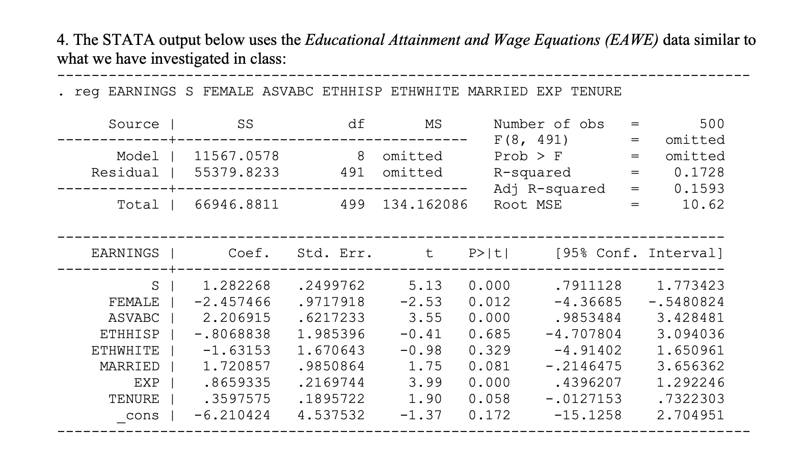 4. The STATA output below uses the Educational Attainment and Wage Equations (EAWE) data similar to
what we have investigated in class:
reg EARNINGS S FEMALE ASVABC ETHHISP ETHWHITE MARRIED EXP TENURE
500
Source |
df
Number of obs
SS
MS
omitted
F (8, 491)
Model |
11567.0578
8.
omitted
Prob > F
omitted
omitted
Residual
55379.8233
491
R-squared
Adj R-squared
0.1728
0.1593
Total |
10.62
66946.8811
499
134.162086
Root MSE
P> |t|
EARNINGS |
Std. Err.
[95% Conf. Interval]
Coef.
5.13
1.282268
.2499762
0.000
.7911128
1.773423
0.012
-.5480824
3.428481
FEMALE |
ASVABC |
-2.457466
.9717918
-2.53
-4.36685
2.206915
.6217233
3.55
0.000
.9853484
1.985396
0.685
3.094036
ETHHISP
-.8068838
-0.41
-4.707804
ETHWHITE |
MARRIED |
1.670643
-0.98
0.329
-1.63153
-4.91402
1.650961
1.720857
.9850864
1.75
0.081
-.2146475
3.656362
. 4396207
EXP |
3.99
.8659335
.2169744
0.000
1.292246
.3597575
.1895722
1.90
0.058
-.0127153
.7322303
TENURE
-6.210424
2.704951
4.537532
-1.37
0.172
-15.1258
cons
