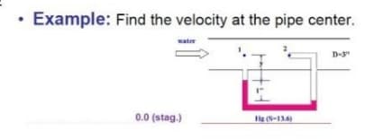 Example: Find the velocity at the pipe center.
water
D-3"
0.0 (stag.)
Hg (S-13.6)
