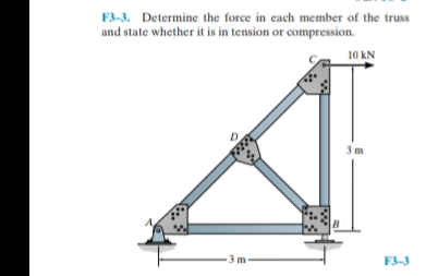 F3-3. Determine the force in each member of the truss
and state whether it is in tension or compression.
10 kN
D
3m
3m
F3-3
