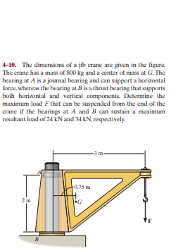 4-10. The dimensions of a jib crane are given in the figure.
The crane has a mass of 800 kg and a center of mass at G. The
bearing at A is a journal bearing and can support a horizontal
force, whereas the bearing at B is a thrust bearing that supports
both horizontal and vertical components. Determine the
maximum load F that can be suspended from the end of the
crane if the bearings at A and B can sustain a maximum
resultant load of 24 kN and 34 kN, respectively.
-3m-
0.75m
