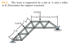 F4-3. The truss is supported by a pin at A and a roller
at B. Determine the support reactions.
10 kN|
2 m
5 kNV
