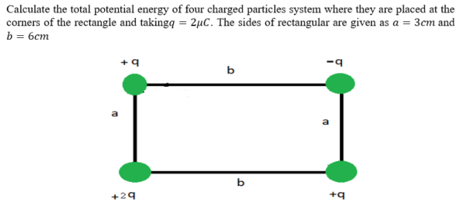 Calculate the total potential energy of four charged particles system where they are placed at the
corners of the rectangle and takingą = 2µC. The sides of rectangular are given as a = 3cm and
b = 6cm
+9
b
a
b
+29
+q
