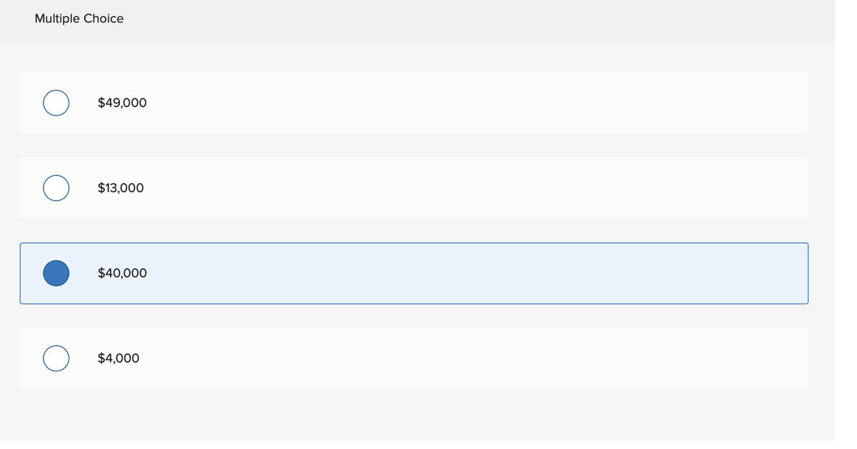 Multiple Choice
O
$49,000
$13,000
$40,000
$4,000