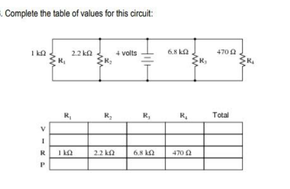 . Complete the table of values for this circuit:
I ka
2.2 ka
6.8 ka
4 volts
470 2
R,
R,
R,
R,
R,
Total
R
1 ka
2.2 k2
6.8 k2
470 2
ww
