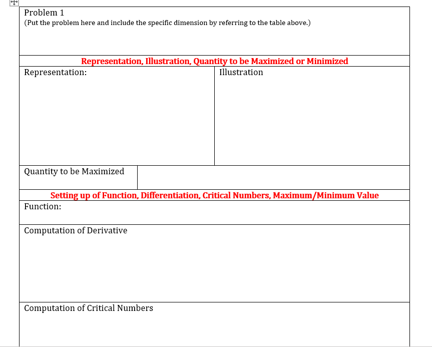 Problem 1
(Put the problem here and include the specific dimension by referring to the table above.)
Representation, Illustration, Quantity to be Maximized or Minimized
Representation:
Illustration
Quantity to be Maximized
Setting up of Function, Differentiation, Critical Numbers, Maximum/Minimum Value
Function:
Computation of Derivative
Computation of Critical Numbers
