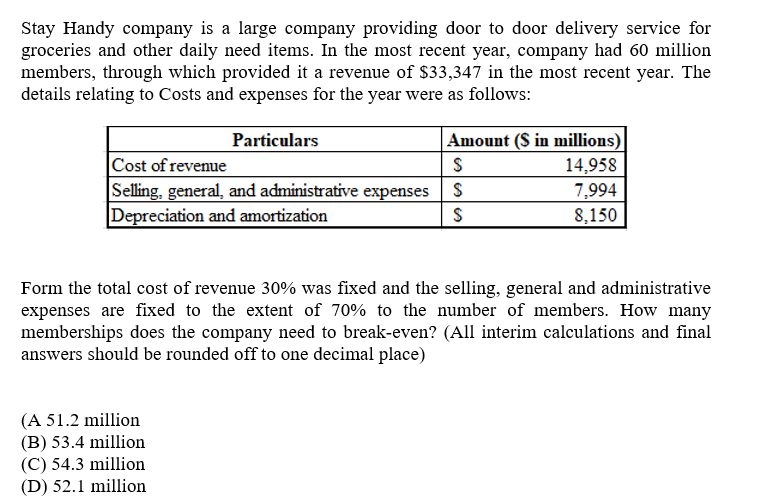 Stay Handy company is a large company providing door to door delivery service for
groceries and other daily need items. In the most recent year, company had 60 million
members, through which provided it a revenue of $33,347 in the most recent year. The
details relating to Costs and expenses for the year were as follows:
Particulars
Amount ($ in millions)
Cost of revenue
Selling, general, and administrative expenses
Depreciation and amortization
14,958
7,994
8,150
Form the total cost of revenue 30% was fixed and the selling, general and administrative
expenses are fixed to the extent of 70% to the number of members. How many
memberships does the company need to break-even? (All interim calculations and final
answers should be rounded off to one decimal place)
(A 51.2 million
(B) 53.4 million
(C) 54.3 million
(D) 52.1 million
