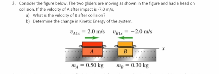 3. Consider the figure below. The two gliders are moving as shown in the figure and had a head on
collision. If the velocity of A after impact is -7.0 m/s,
a) What is the velocity of B after collision?
b) Determine the change in Kinetic Energy of the system.
VALx = 2.0 m/s UBLX = -2.0 m/s
A
B
ma = 0.50 kg
mg = 0.30 kg
%3D
%3D

