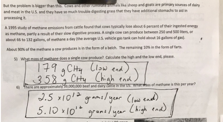 But the problem is bigger than this. Cows and other ruminate animals like sheep and goats are primary sources of dairy
and meat in the U.S. and they have so much trouble digesting grass that they have additional stomachs to aid in
processing it.
A 1995 study of methane emissions from cattle found that cows typically lose about 6 percent of their ingested energy
as methane, partly a result of their slow digestive process. A single cow can produce between 250 and 500 liters, or
about 66 to 132 gallons, of methane a day (the average U.S. vehicle gas tank can hold about 16 gallons of gas).
About 90% of the methane a cow produces is in the form of a belch. The remaining 10% in the form of farts.
5) What mass of methane does a single cow produce? Calculate the high and the low end, please.
179 g CHy Clow end)
358
CHy Chigh end)
6) There are approximately 39,000,000 beef and dairy cattle in the US. What hass of methane is this per year?
J.5 x10!2 grams/year (law end)
5.10 x10* grams/year
Chigh ena)
