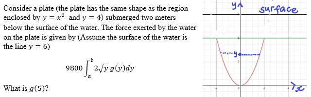 Consider a plate (the plate has the same shape as the region
enclosed by y = x² and y = 4) submerged two meters
below the surface of the water. The force exerted by the water
on the plate is given by (Assume the surface of the water is
the line y = 6)
9800*2√y g(y)dy
What is g(5)?
y₁
y
surface
7x