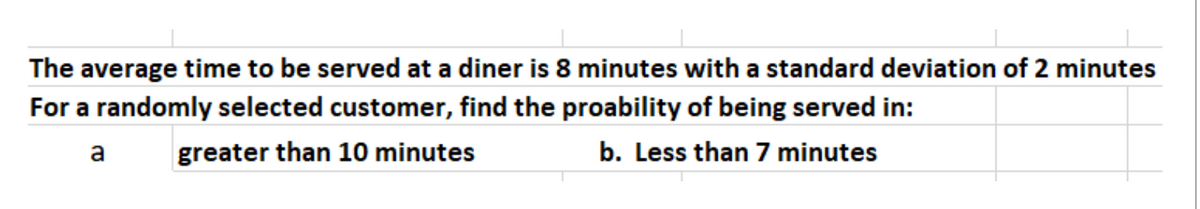The average time to be served at a diner is 8 minutes with a standard deviation of 2 minutes
For a randomly selected customer, find the proability of being served in:
a
greater than 10 minutes
b. Less than 7 minutes
