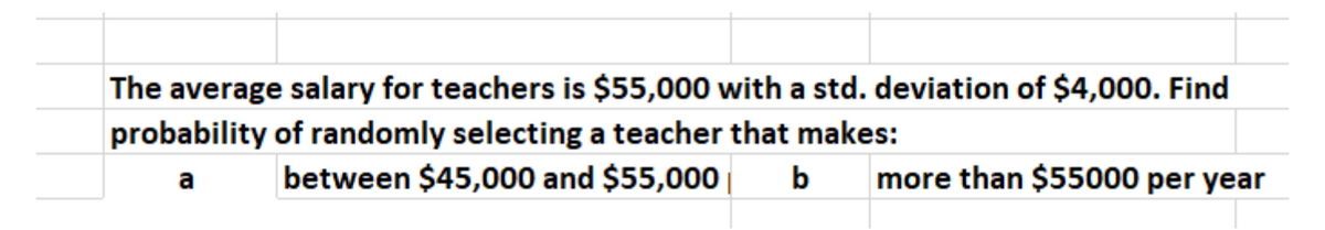 The average salary for teachers is $55,000 with a std. deviation of $4,000. Find
probability of randomly selecting a teacher that makes:
a
between $45,000 and $55,000 |
b
more than $55000 per year
