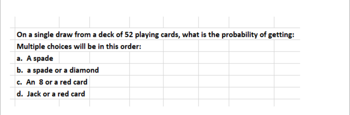 On a single draw from a deck of 52 playing cards, what is the probability of getting:
Multiple choices will be in this order:
a. A spade
b. a spade or a diamond
c. An 8 or a red card
d. Jack or a red card
