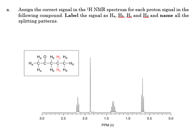 Assign the correct signal in the H NMR spectrum for each proton signal in the
following compound. Label the signal as Ha. Hb, H. and Ha and name all the
splitting patterns.
а.
На о нь на На
C-Ha
Нь Не На
I3D
Ha
3.0
2.5
2.0
1.5
1.0
0.5
0.0
PPM (8)
