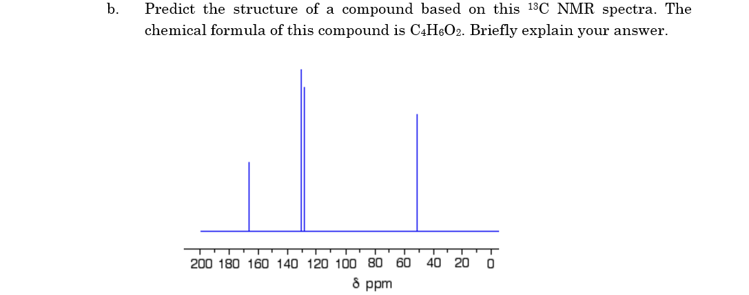 b.
Predict the structure of a compound based on this 18C NMR spectra. The
chemical formula of this compound is C4H&O2. Briefly explain your answer.
200 180 160 140 120 100 80
60
40 20
8 ppm

