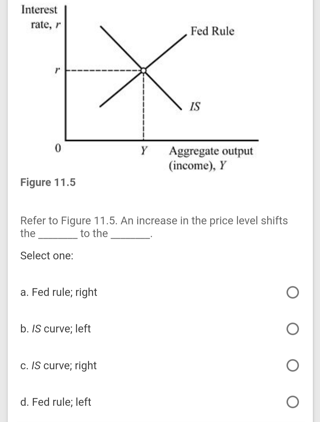 Interest
rate, r
Fed Rule
IS
Y
Aggregate output
(income), Y
Figure 11.5
Refer to Figure 11.5. An increase in the price level shifts
the
to the
Select one:
a. Fed rule; right
b. IS curve; left
c. IS curve; right
d. Fed rule; left
