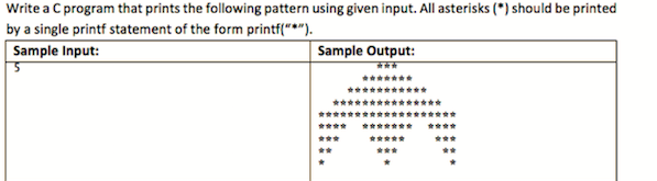 Write a C program that prints the following pattern using given input. All asterisks (*) should be printed
by a single printf statement of the form printf("*").
Sample Input:
Sample Output:
*******
******** *
*************
******************
****
******
****
***
*****
*..
