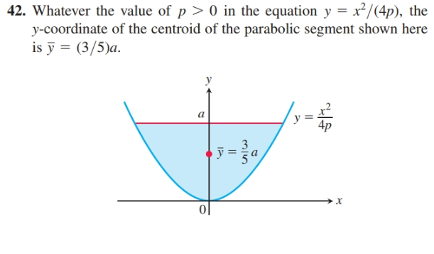 42. Whatever the value of p > 0 in the equation y = x²/(4p), the
y-coordinate of the centroid of the parabolic segment shown here
is ỹ = (3/5)a.
a
y
х
||
