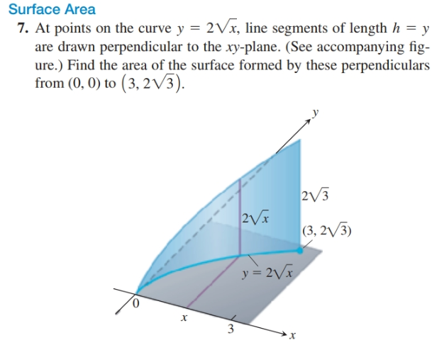 Surface Area
7. At points on the curve y = 2Vx, line segments of length h = y
are drawn perpendicular to the xy-plane. (See accompanying fig-
ure.) Find the area of the surface formed by these perpendiculars
from (0, 0) to (3, 2V3).
2V3
(3, 2/3)
y = 2Vx
0.
3
