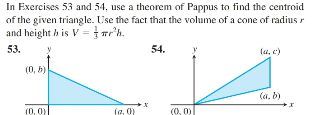 In Exercises 53 and 54, use a theorem of Pappus to find the centroid
of the given triangle. Use the fact that the volume of a cone of radius r
and height h is V = Trh.
53.
54.
(a, c)
54.
(0, b)
(a, b)
(0, 0)
(0, 0)
(a. 0)
х
